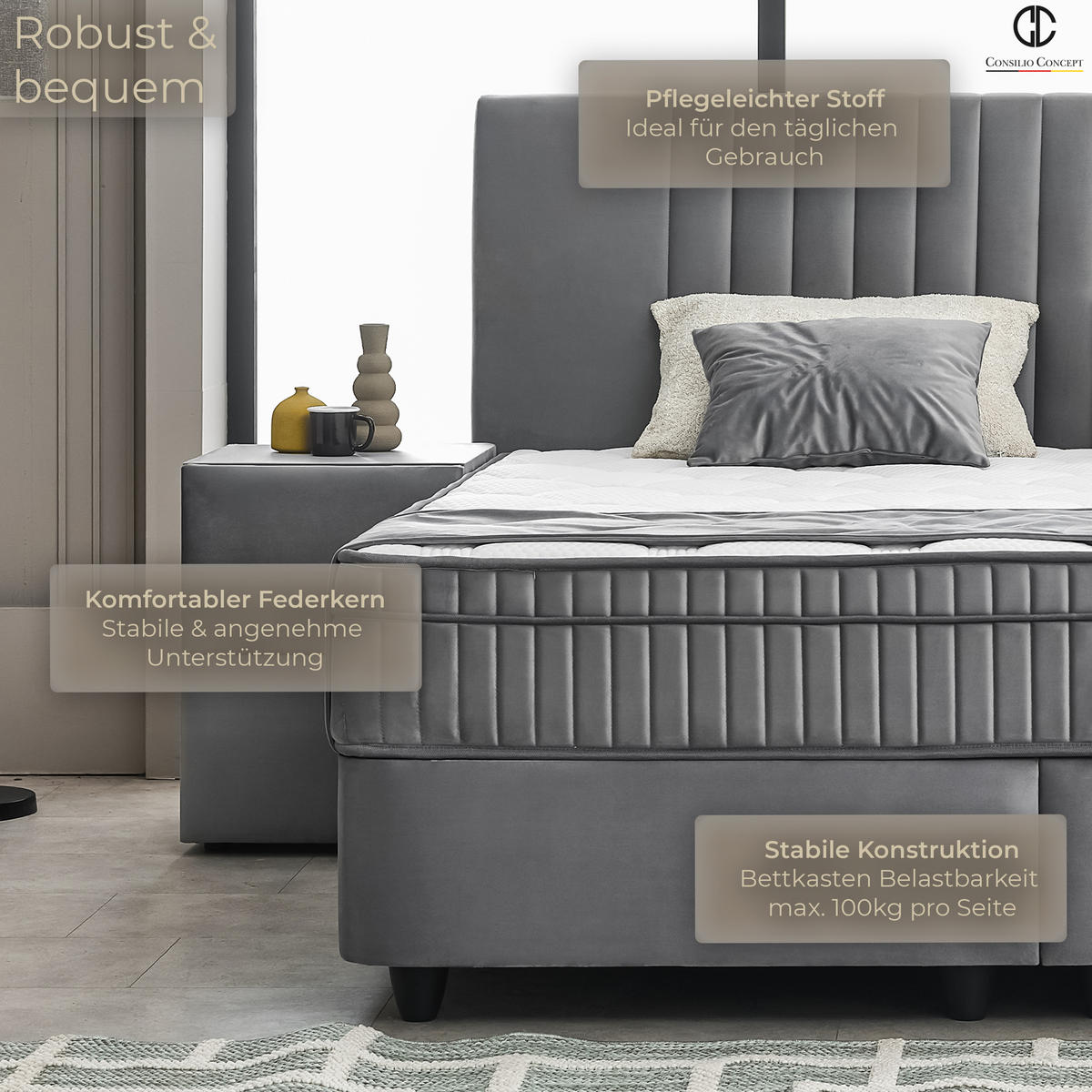 BOXSPRINGBETT MIT BETTKASTEN CARL 160/200 cm, Grau, Bettkasten, Matratze, Topper integriert, H3 mittel 7-Zonen Matratze - Schwarz/Grau, Holz/Kunststoff (160/200cm) - Consilio Concept