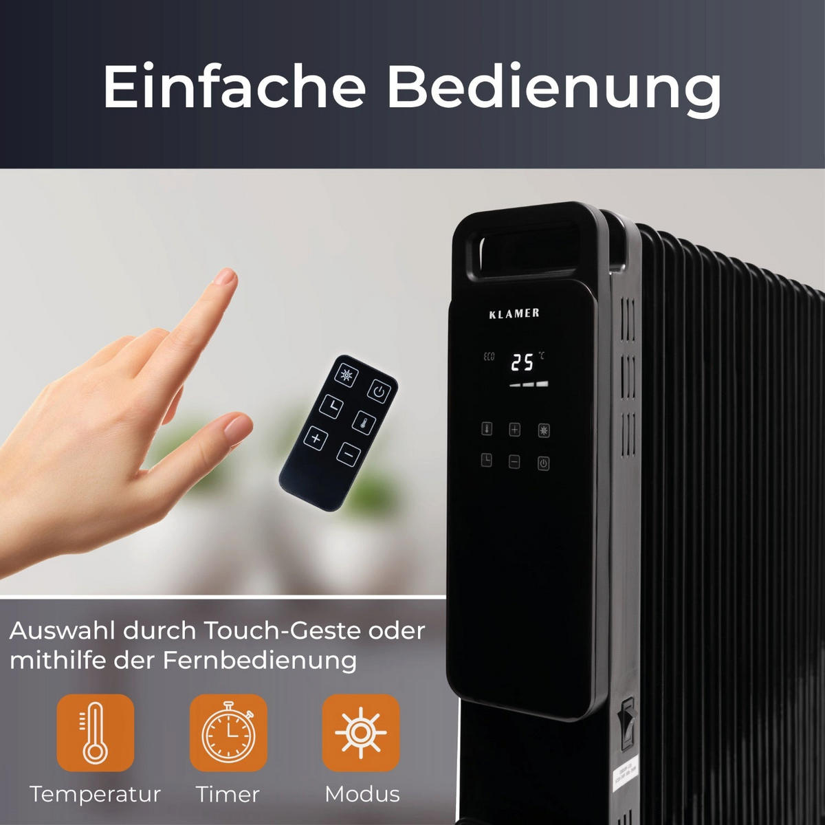 ÖLRADIATOR Schwarz Mobile Elektroheizung - Schwarz, Metall (25/63/52cm) - KLAMER