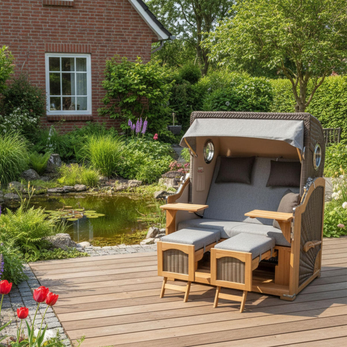 STRANDKORB Düne 2 Sitzer Teak PE Grey - Braun/Grau, Holz/Metall (125/170/80cm) - Mr. Deko