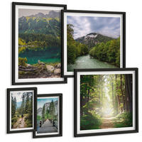 BILDER SET 5er Set - 50x50 cm & 20x30 cm & 40x60 cm Schwarzer Rahmen - Straße Wald Berge Hirsch Natur - Schwarz, Kunststoff (40/60cm) - TULUP