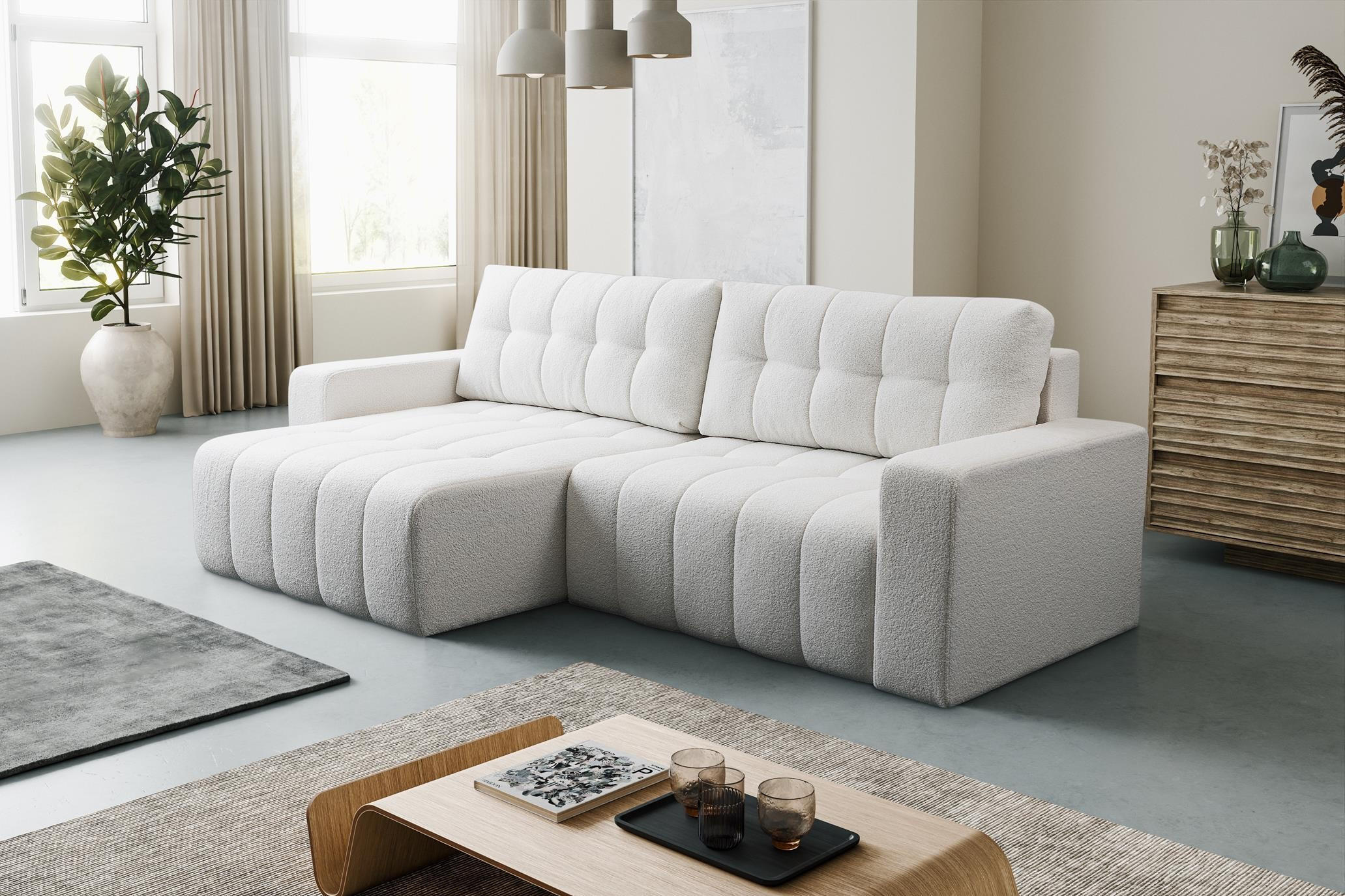 ECKSOFA Masina Weiß, Schlafsofa aus Veloursstoff - Weiß, Holzwerkstoff (245/143cm) - Bettso