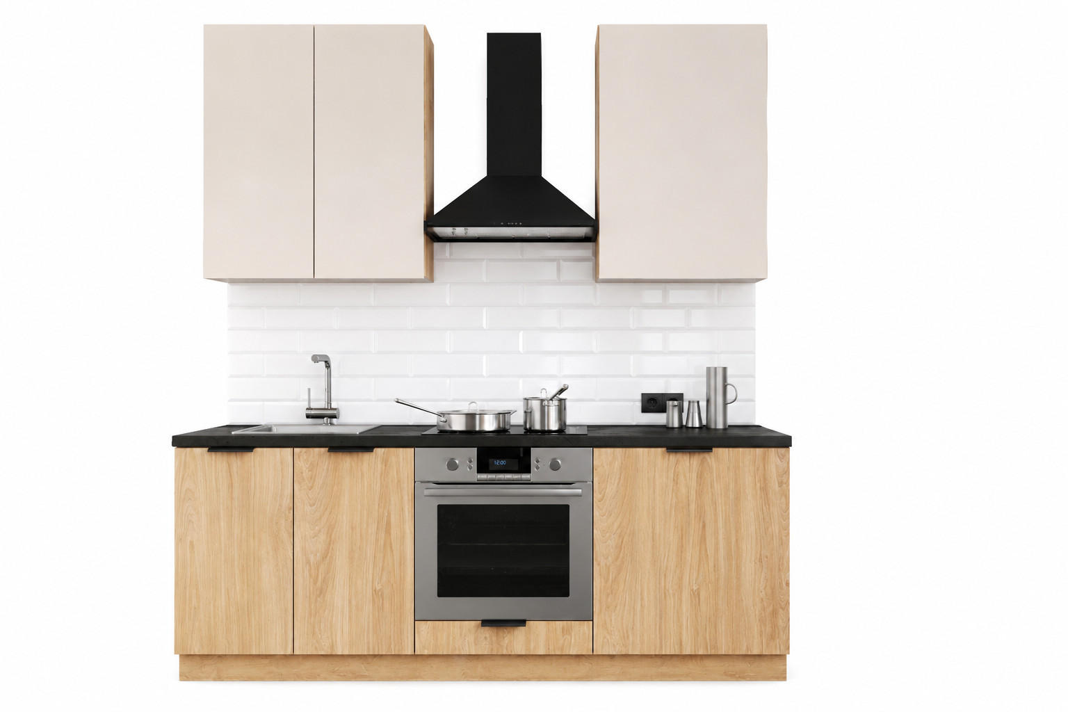 KÜCHENZEILE 200 cm – Sorento K46-G200 – in Beige & Sonoma Eiche / Matt - Beige/Schwarz, Holz/Metall (200/212/58cm) - ROYAL24_MARKT