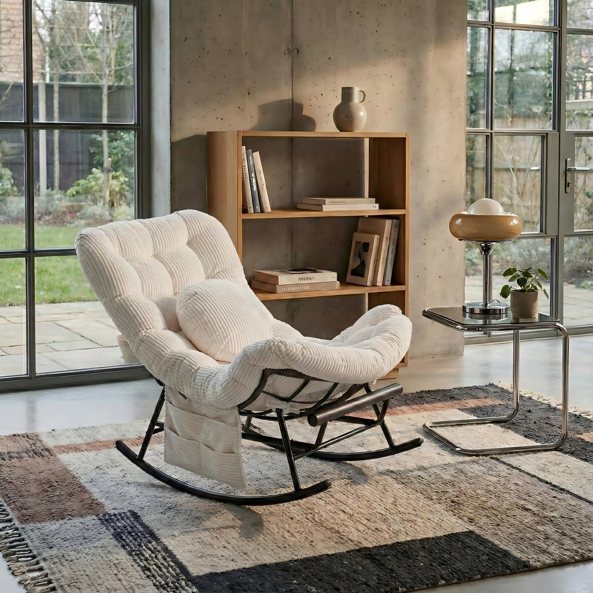 SCHAUKELSTUHL mit Fußstütze,Schaukelsessel XXL Rattanstuhl mit Kissen, Cord, Beige - Beige, Textil (90/78/150cm) - LVHOM