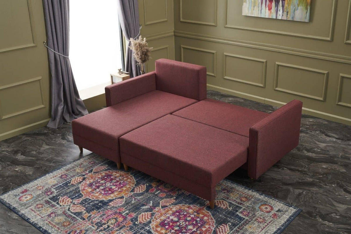 ECKSOFA mit Schlaffunktion, 215 cm Gesamtbreite - Rot/Braun, Holz/Buchenholz (215/150cm) - myHomelando