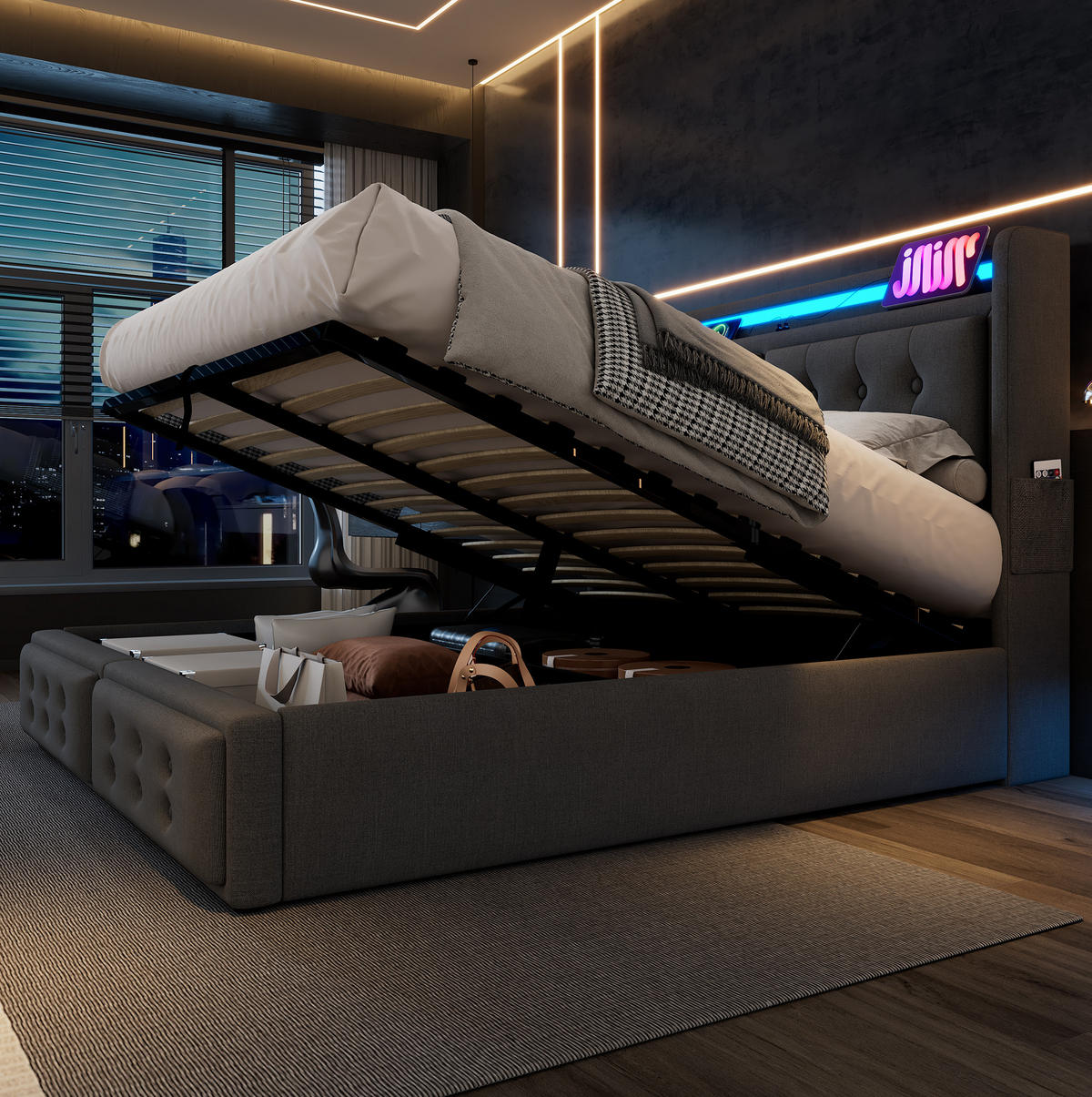 TAPECIRANI krevet 140/200 cm s LED osvjetljenjem, USB-C priključkom i hidrauličnim spremištem, Siva - siva, tekstil (140/200cm) - Redom