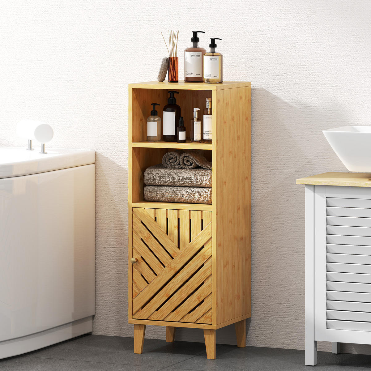 MIDISCHRANK DE-17343 geschlossener Schrank & offene Fächer Natur - Naturfarben, Naturmaterialien (30/90/32cm) - ComfortXL