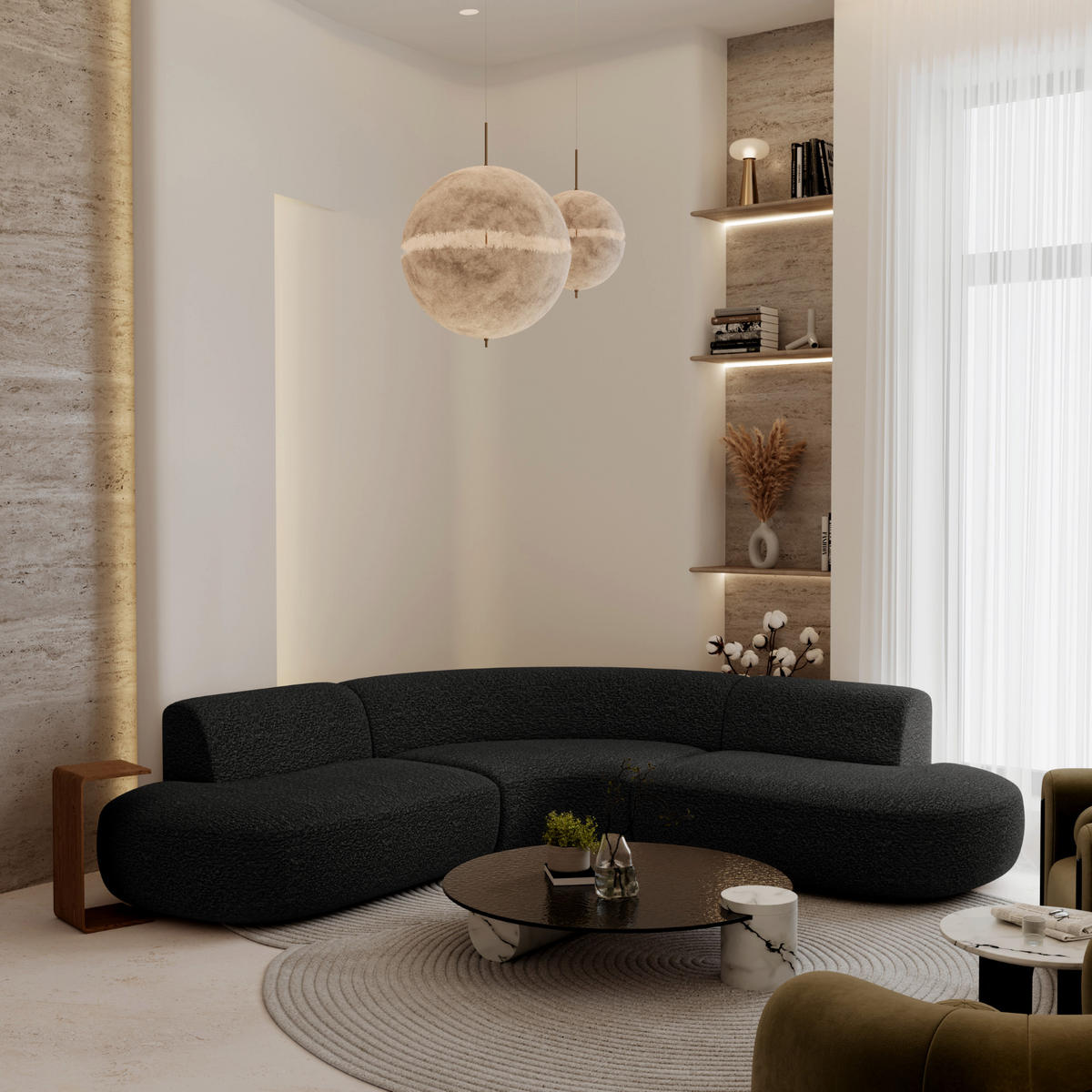 ECKSOFA WONDER Frottee Schwarz 90cm - Schwarz, Textil (90/250cm) - Premium Interiors