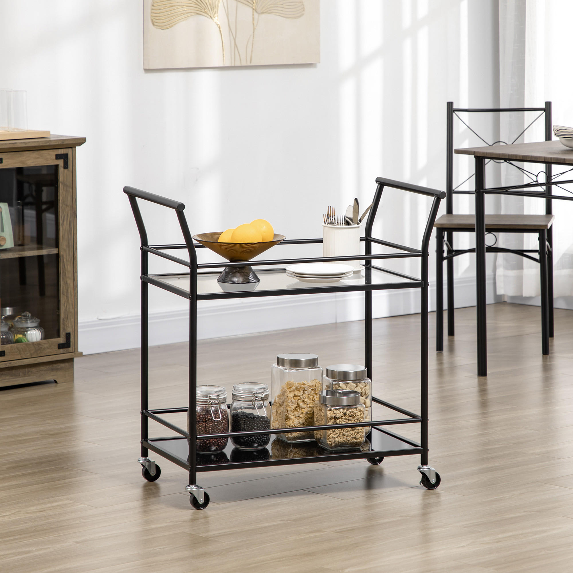 KÜCHENWAGEN, Rollwagen, Servierwagen mit 2 Ablagen, Trolley, Beistellwagen - Schwarz, Glas (40/80/75cm) - HOMCOM