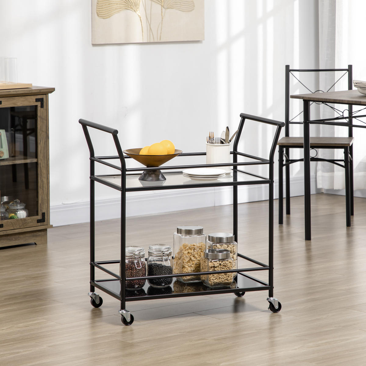KÜCHENWAGEN, Rollwagen, Servierwagen mit 2 Ablagen, Trolley, Beistellwagen - Schwarz, Glas (40/80/75cm) - HOMCOM