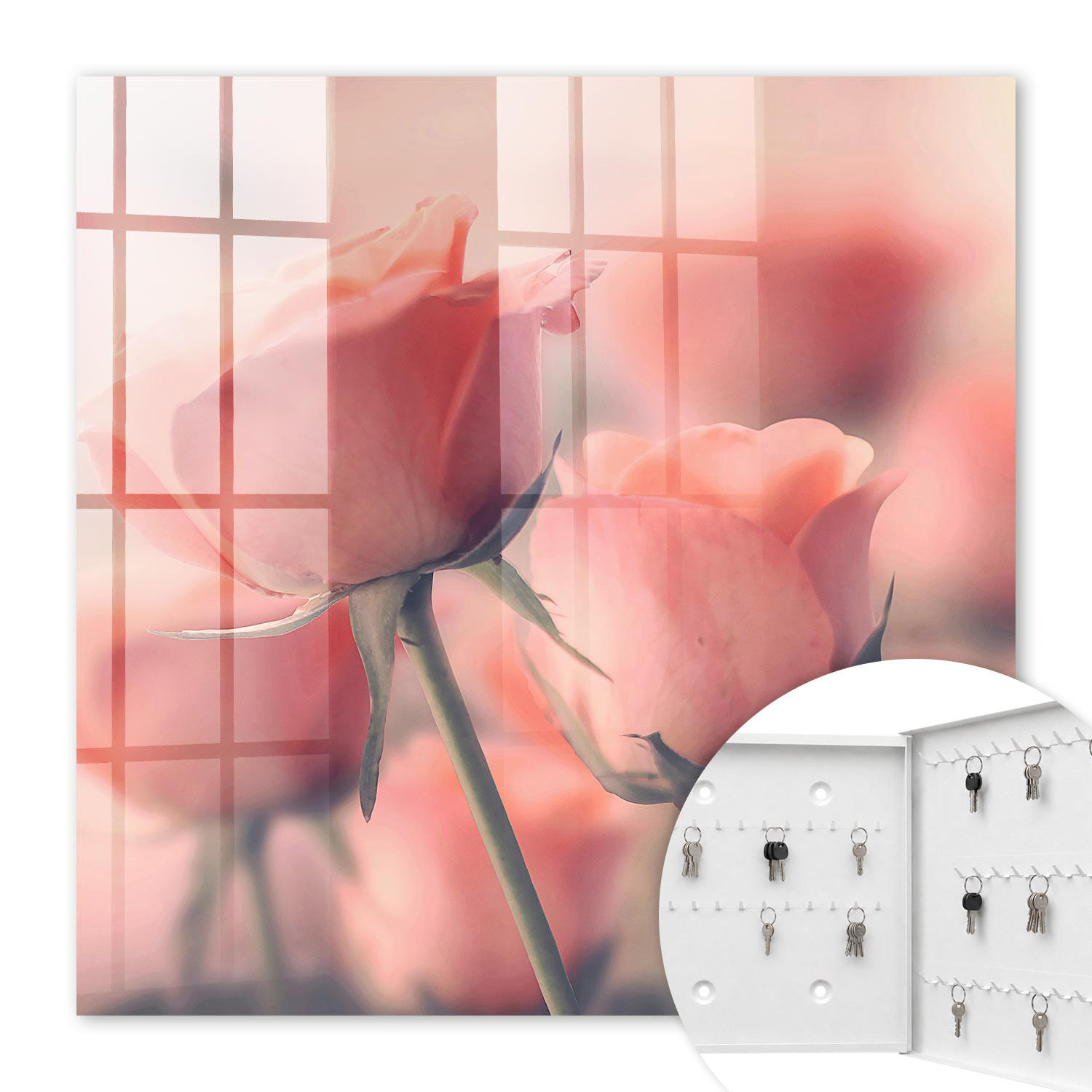 SCHLÜSSELBOX Weiß 30x30 cm – Türöffnung nach rechts - Zarte Blüten - Pink, Metall (30/30/5cm) - TULUP
