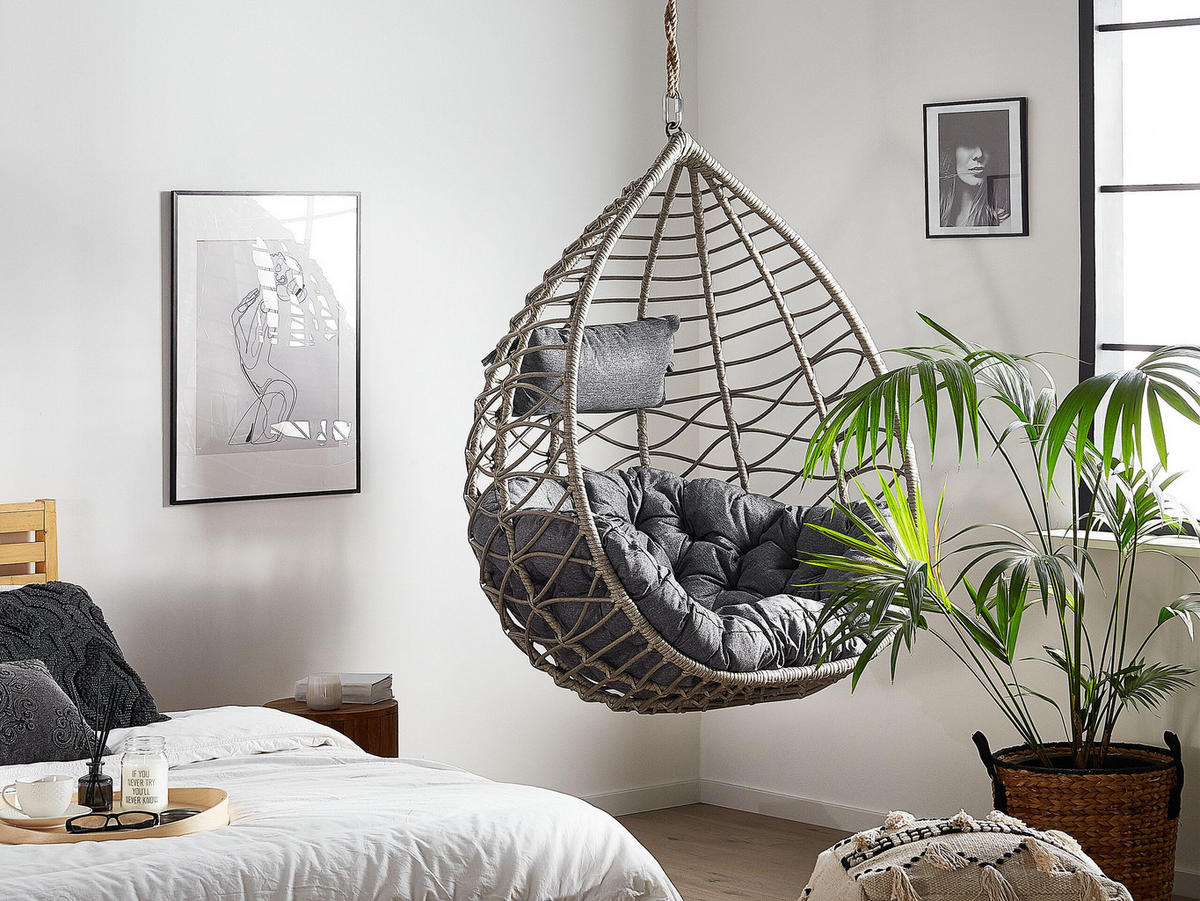 HÄNGESESSEL PE Rattan taupe/grau mit Sitzkissen 97 cm Arsita - Grau, Kunststoff (100/121/97cm) - Beliani