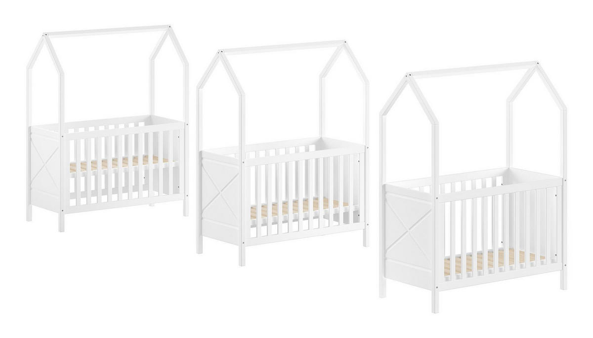 BABYBETT mit Dach Karyl 3-fach höhenverstellbar Kiefer massiv weiß - Kieferfarben, Holz (60/120cm) - 58aufmkessel