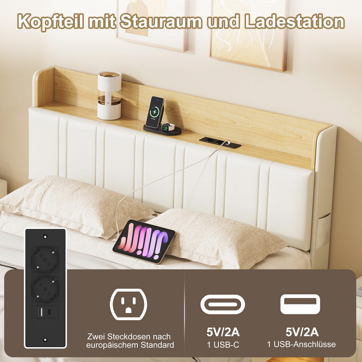 POLSTERBETT 140/200 cm, mit LED-Beleuchtung, versteckte Bettfüße, Kopfteil mit Stauraum, USB-Anschluss, Beige - Beige, Holzwerkstoff (140/200cm) - Brevoria