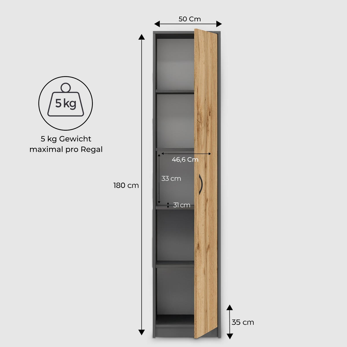 MEHRZWECKSCHRANK mit 4 Einlegeböden 50 cm Breite in graphit-eiche - Eichefarben/Graphitfarben, Holzwerkstoff (50/180/35cm) - Home Collective