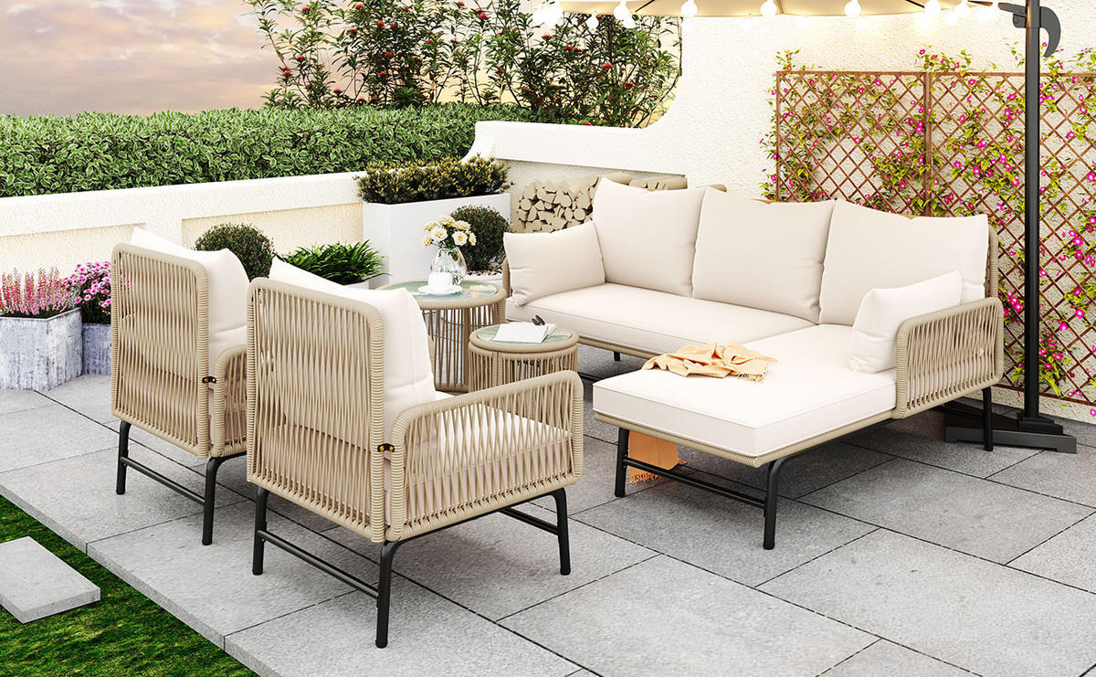 GARTENLOUNGE-SET mit Eisenrahmen & handgewebtem Seil, 6-teilig, 71/124/80 cm, Beige, inkl. Kissen - Beige, Metall - Redom