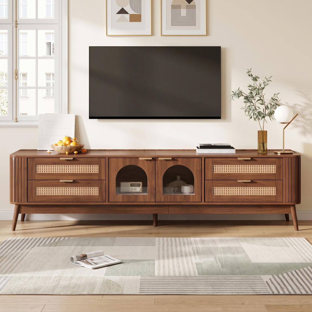 TV SKŘÍŇKA s LED osvětlením a skleněnými dvířky, ořechová, 180 × 40 × 50 cm - barva vlašského ořechu, kompozitní dřevo (180/50/40cm) - Urban Meuble