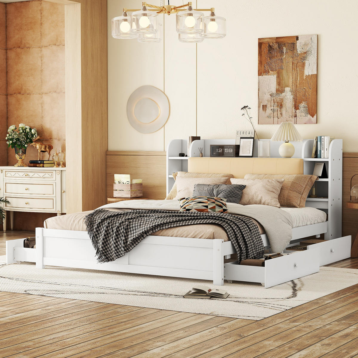 FLACHBETT 180x200cm Weiß aufklappbares Kopfteil 4 Schubladen - Weiß, Holz (180/200cm) - FLIEKS