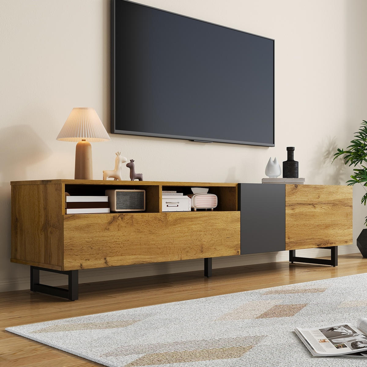 TV-SCHRANK aus melaminbeschichteter Spanplatte 170x42x36,5 cm Dunkelgrau/Natur mit 3 Türen und 2 offenen Fächern - Naturfarben, Holzwerkstoff (170/42/36.5cm) - Modfu