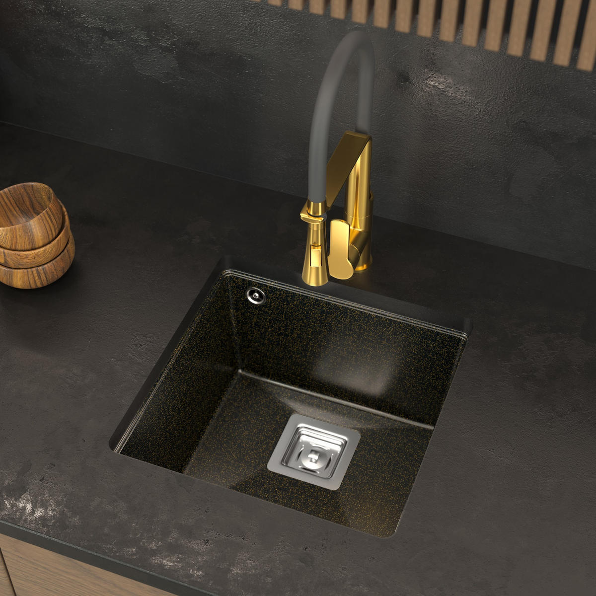 SPÜLBECKEN Napo Schwarz 3-tlg. 42 cm Unterbau Granit mit Armatur Gold - Schwarz, Stein (42/42/20cm) - Granitan