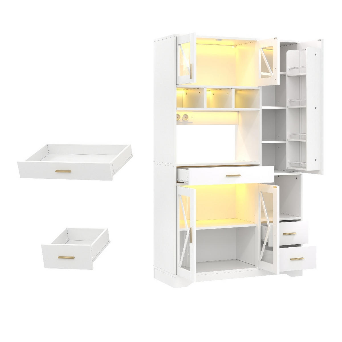 KÜCHENSCHRANK Buffetschrank, SCHEUNENSTIL MIT LED BELEUCHTUNG, Steckdosen, Glastüren, MDF, Vintage, 105/40/185 cm - Weiß, Kunststoff (40/185/105cm) - Rolipo