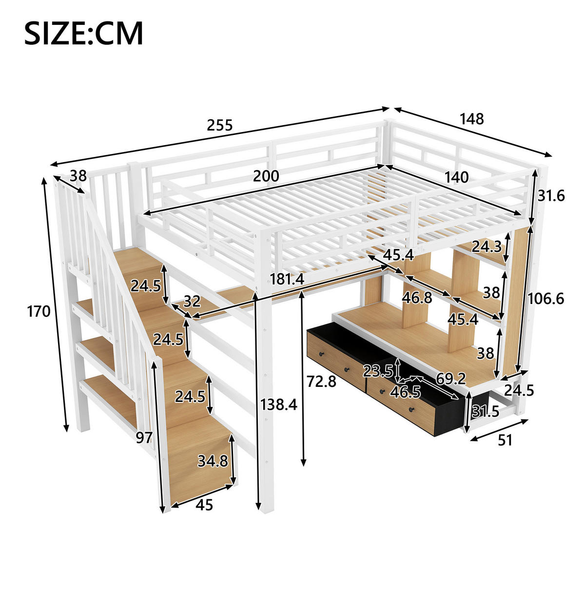 HOCHBETT aus MDF und Metall 140x200 cm Weiß mit Schreibtisch, Regalen, Stauraumtreppe und Schubladen - Weiß, Holzwerkstoff (140/200cm) - Modfu