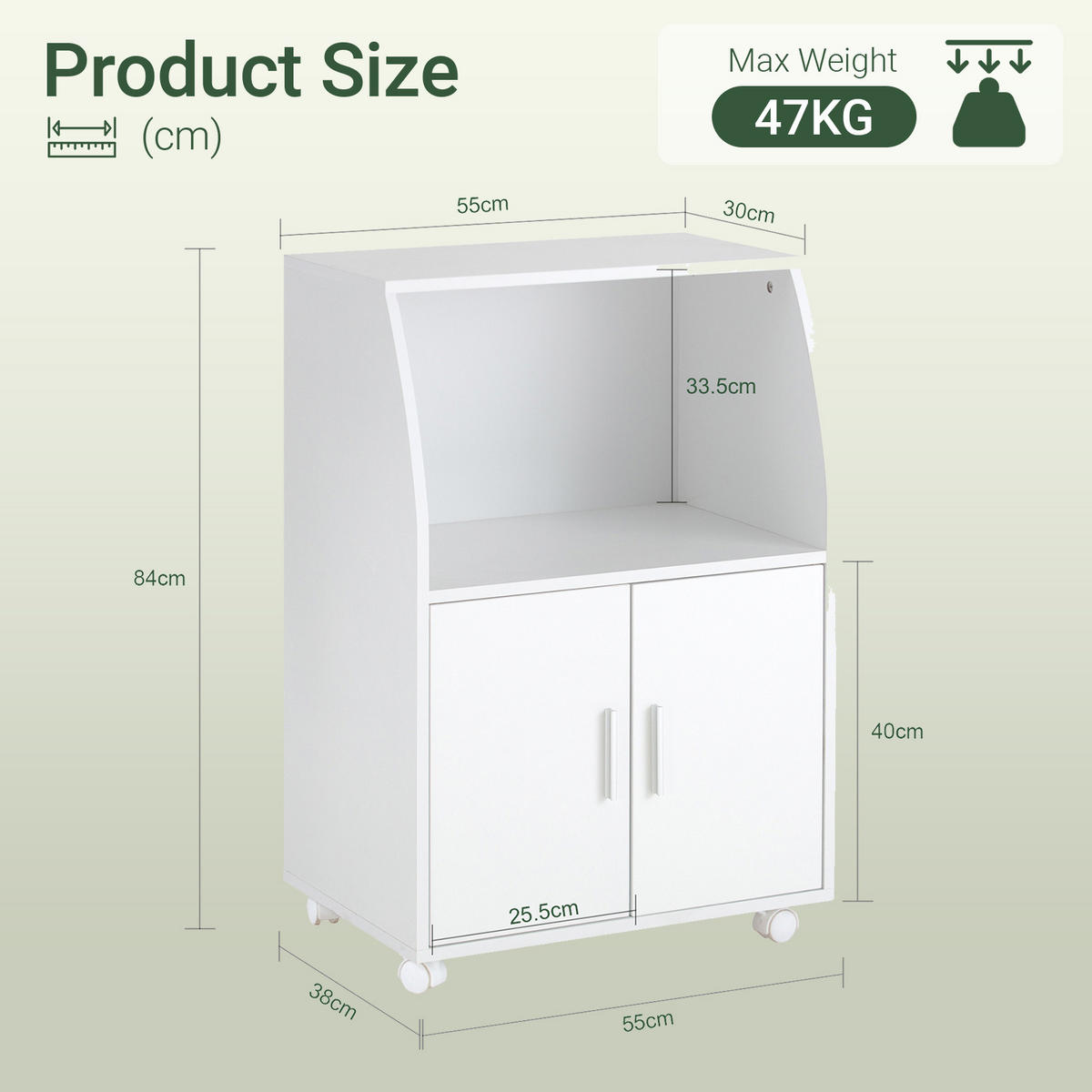 KÜCHENWAGEN weiß, 55 x 84 x 38 cm, mit 2 Türen und verstellbarem Einlegeboden, für Mikrowelle, Drucker und Kaffeemaschine - Weiß, Holzwerkstoff (55/84/38cm) - SoBuy