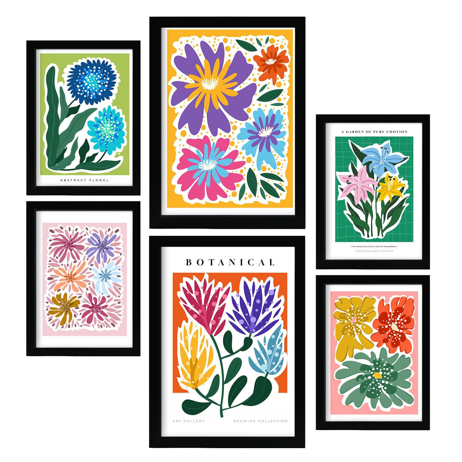 POSTER Set Mit 6 Feder Blatt Zusammenfassung A3 & A4 Schwarzer Rahmen - Schwarz, Papier (29/3cm) - Nacnic