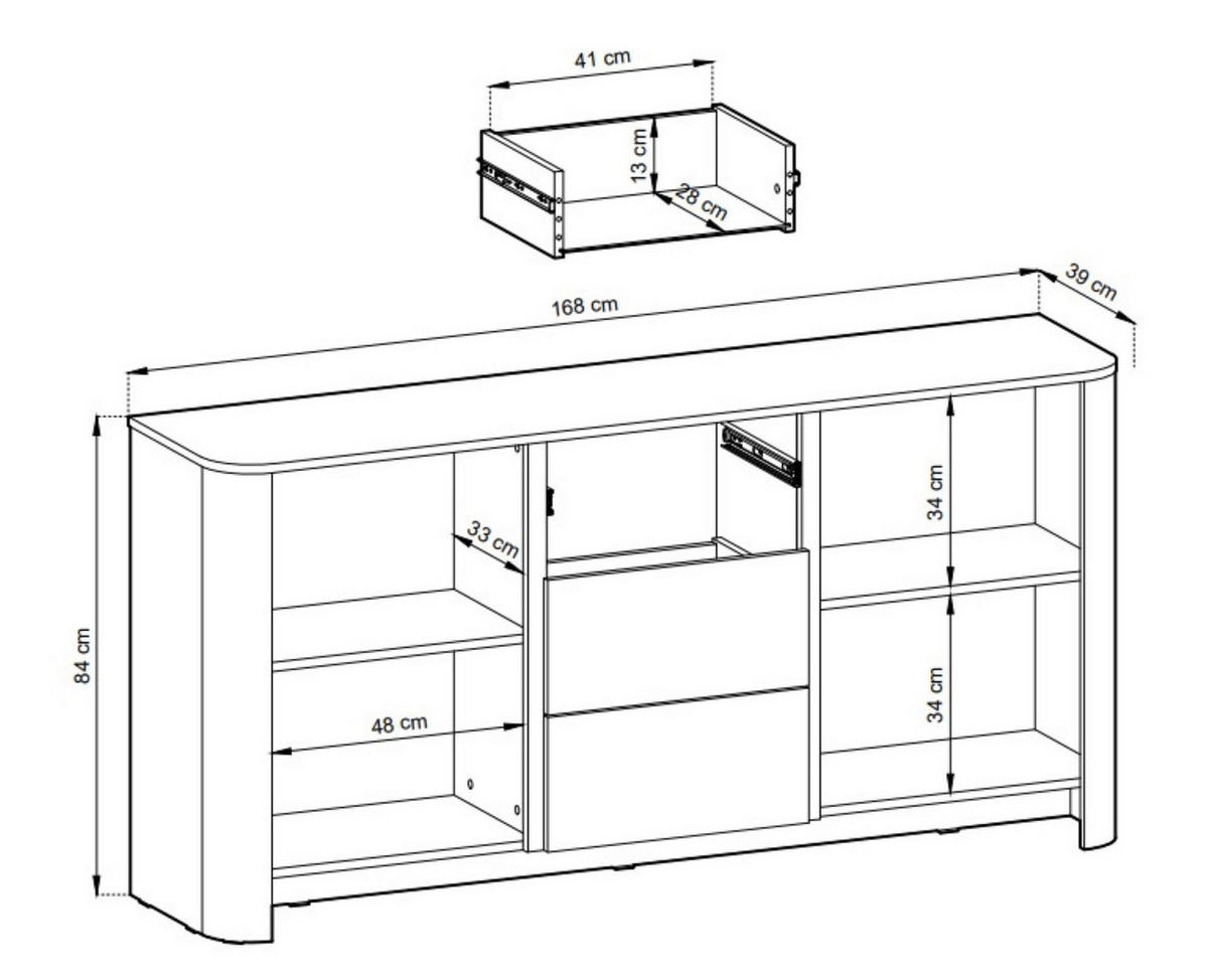 SIDEBOARD Fari Eiche Vincenza, Zweitürige Kommode mit Schubladen - Hellbraun/Schwarz, Holzwerkstoff (168/84/39cm) - Bettso