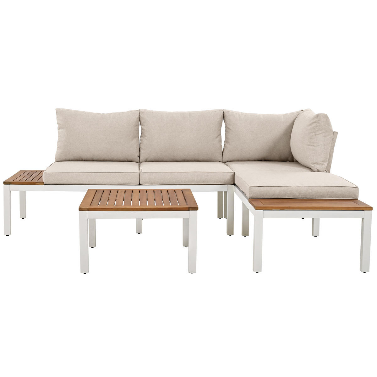LOUNGEGARNITUR 5-tlg. Stahl & Akazie Beige Gartensofa mit Tisch & Beistelltischen - Beige, Metall - Urban Meuble