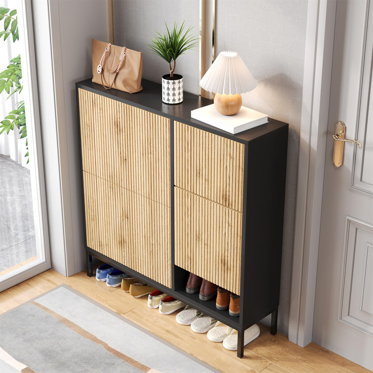 SCHUHSCHRANK mit 2 Schubladen und 2 Türen, strukturierte Paneele mit vergoldeten Akzenten, 100/25/100 cm, Schwarz und Holzfarbe - Naturfarben, Holzwerkstoff (100/25/100cm) - Redom