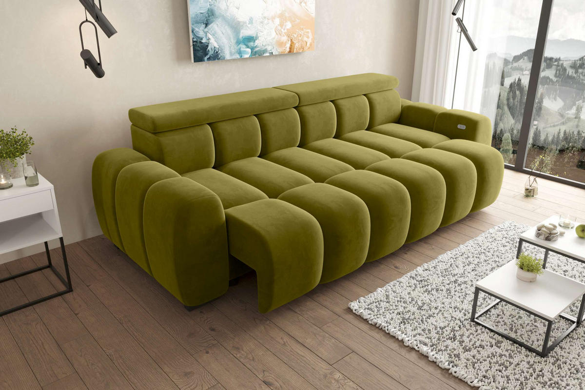 BIGSOFA ALESSIO Velours Olivgrün mit elektrischer Sitztiefenverstellung - Olivgrün, Kunststoff/Textil (248/77/108cm) - 99rooms