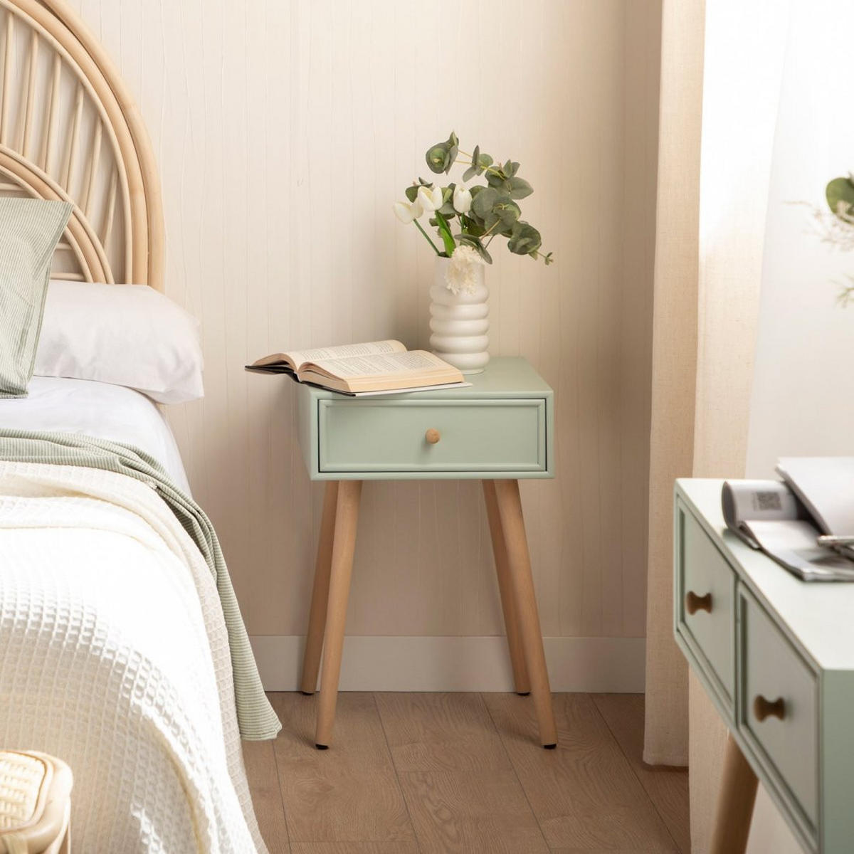 NACHTTISCH MIT 1 SCHUBLADE Tai Grün 40 cm x 61 cm 2er-Set - Grün, Holzwerkstoff (40/61/36cm) - Klast Home