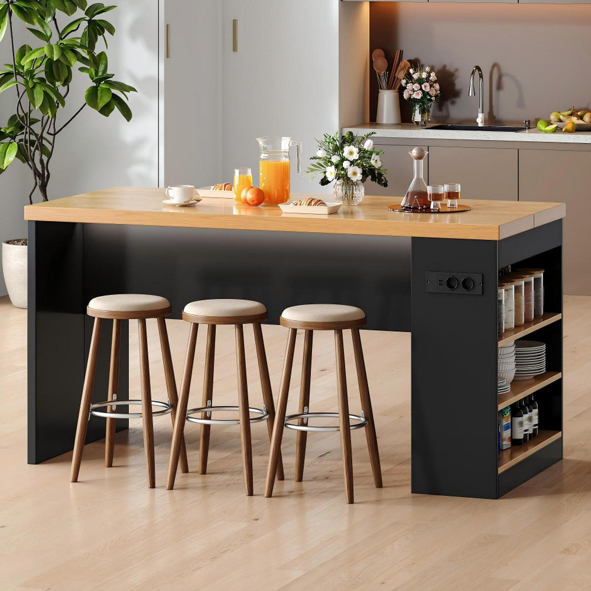 KÜCHENINSEL mit Steckdose, LED Beleuchtung, 40mm Arbeitsplatte, 3 Ablagen, MDF, 155/80/90 cm - Schwarz, Kunststoff (80/90/155cm) - Rolipo