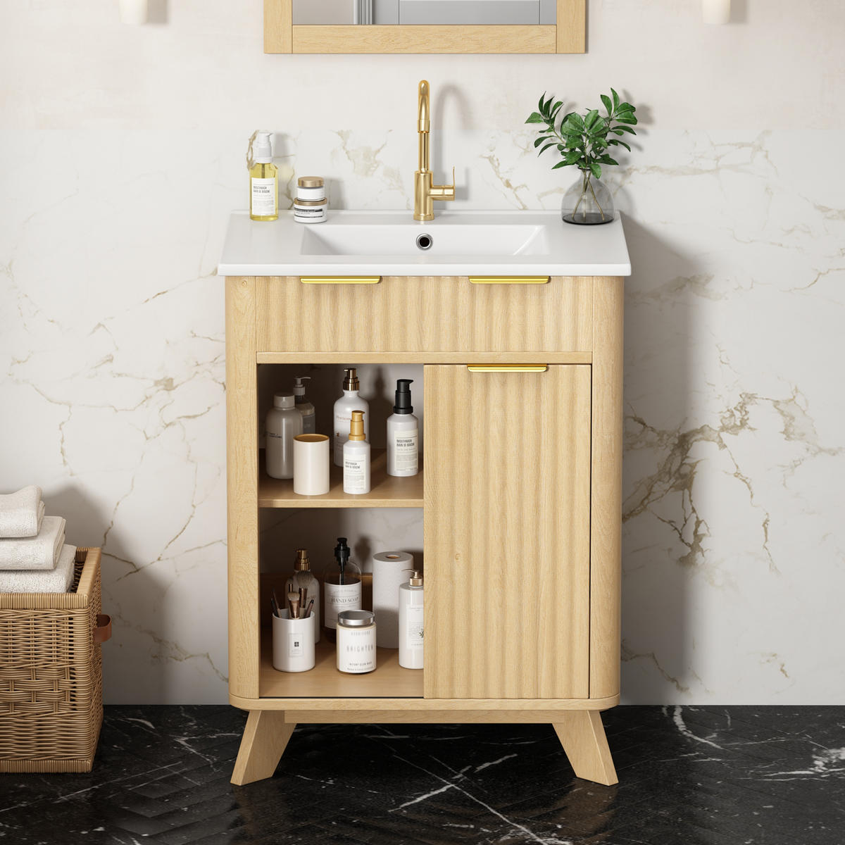 BADEZIMMERSCHRANK Wellenoptik Holzton 3 Schubladen Schiebetür 61cm - Naturfarben, Keramik (61/90/47cm) - FLIEKS