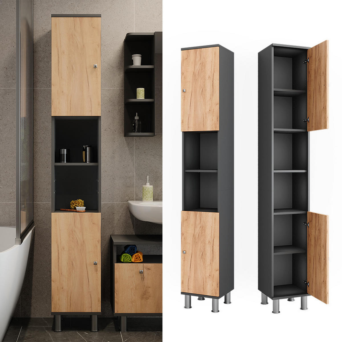 HOCHSCHRANK Fynn Anthrazit/Goldkraft Eiche 30 x 190 cm - Honigeiche/Anthrazit, Holzwerkstoff (30/190/30cm) - Vicco