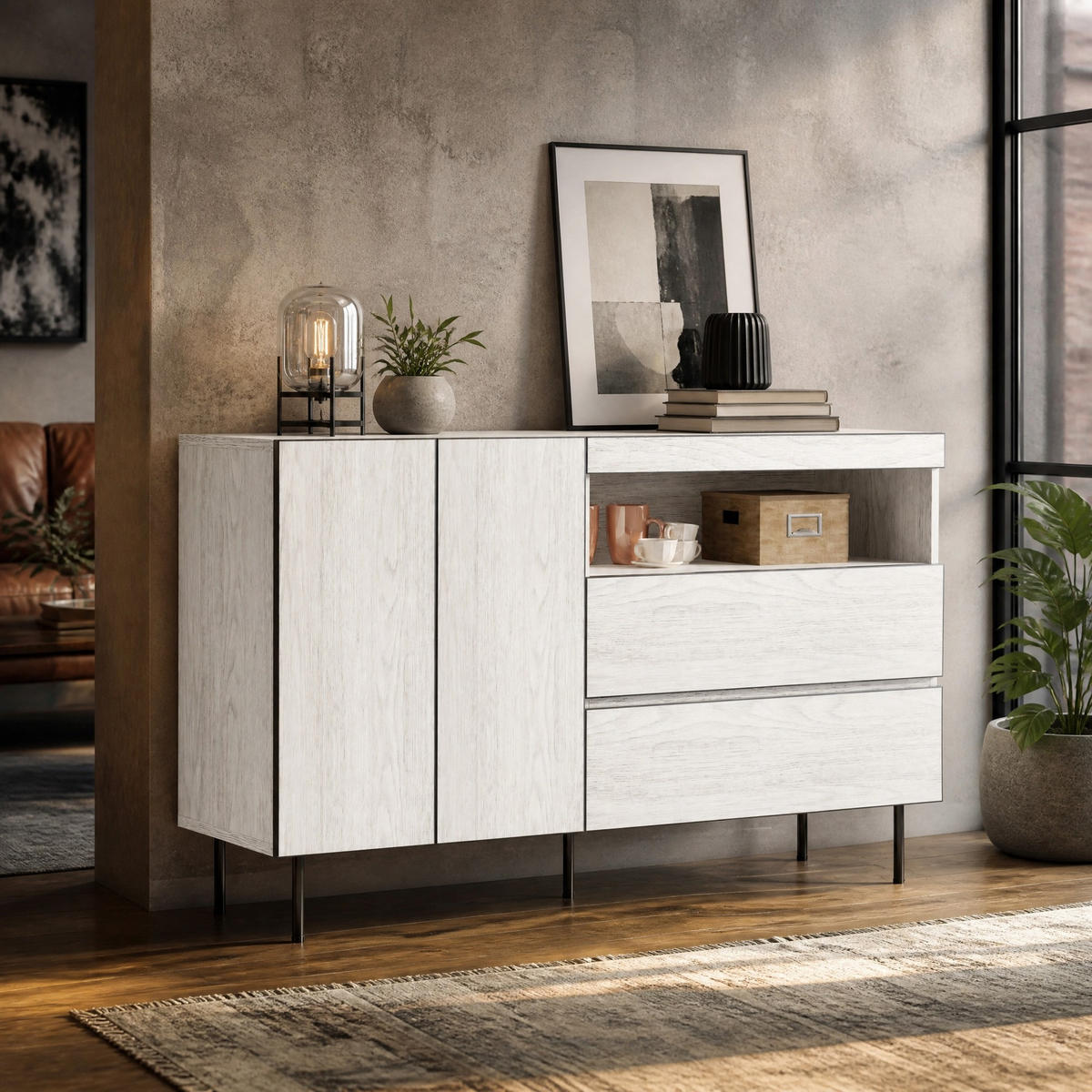 SIDEBOARD mit Doppeltüren Doppelschubladen offenen Regalen Wohn- und Esszimmer - Schwarz/Weiß, Holzwerkstoff (140/77/42cm) - EVRYAE