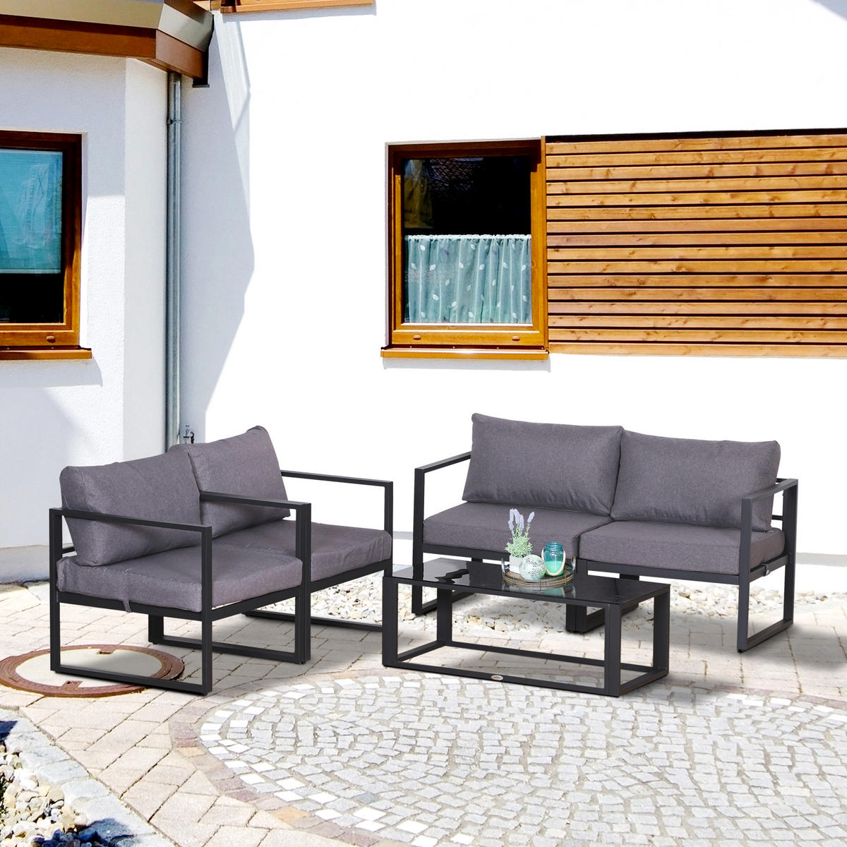 GARTENMÖBELSET 138/69/63 cm grau aus Aluminium mit Kissen und Glastisch - Grau, Metall - OKWISH
