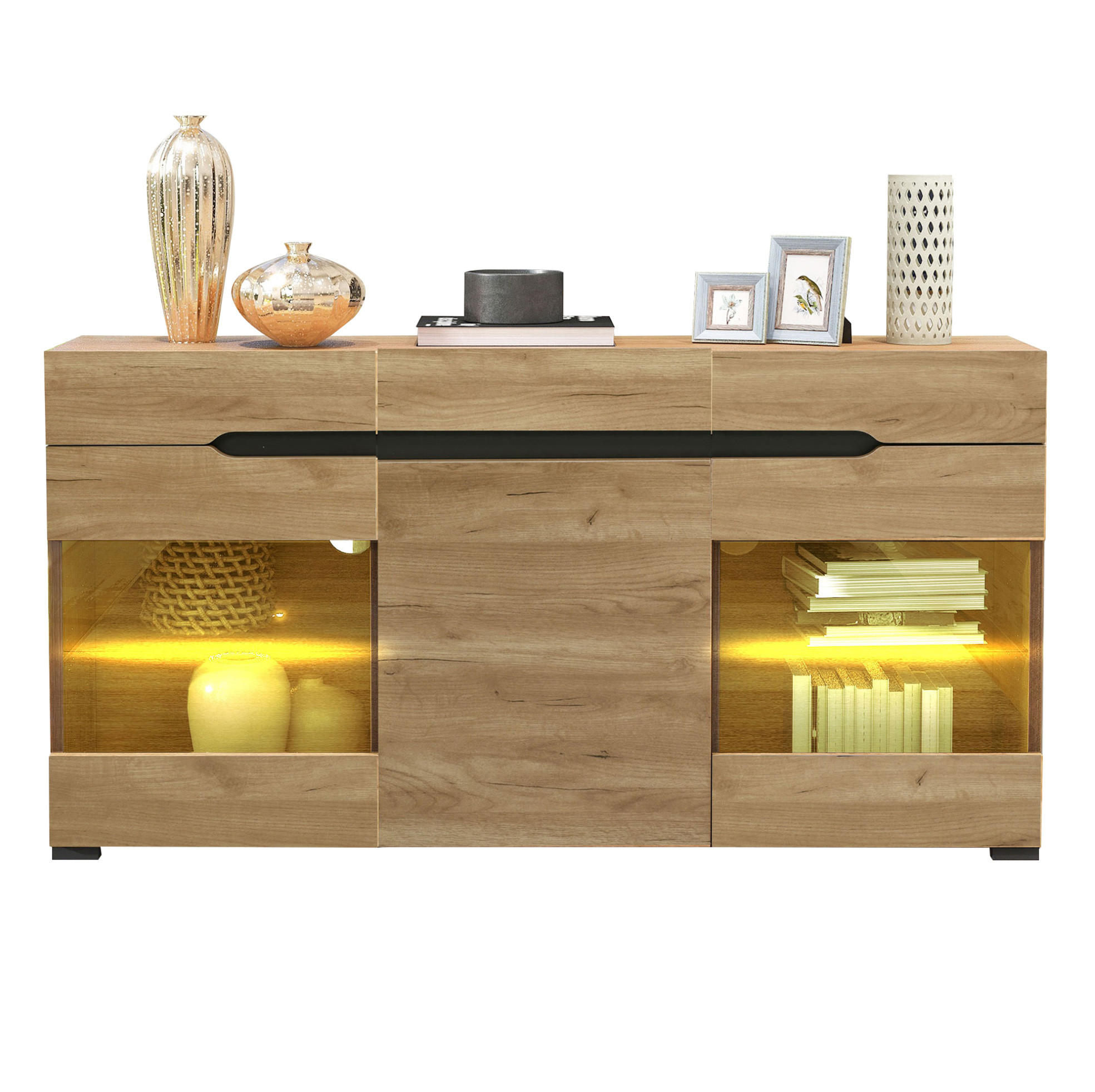SIDEBOARD 140/35/80 cm in Eichefarben mit 3 Türen, 3 Schubladen und LED-Beleuchtung - Naturfarben, Holzwerkstoff (140/80/35cm) - Flora Grace