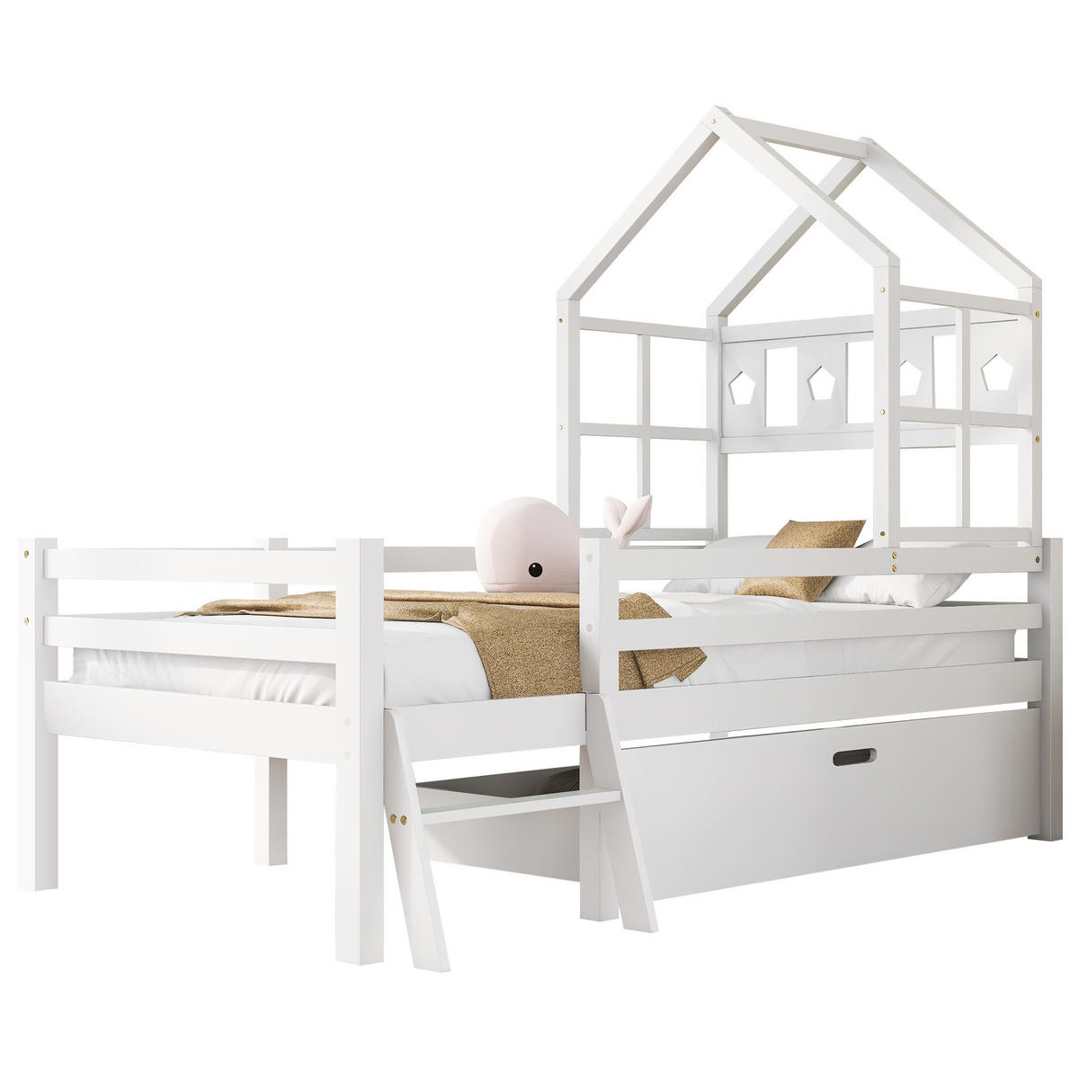 HOCHBETT 90/200 cm Weiß aus Massivholz mit Leiter und Schublade - Weiß, Holz (90/200cm) - Flora Grace