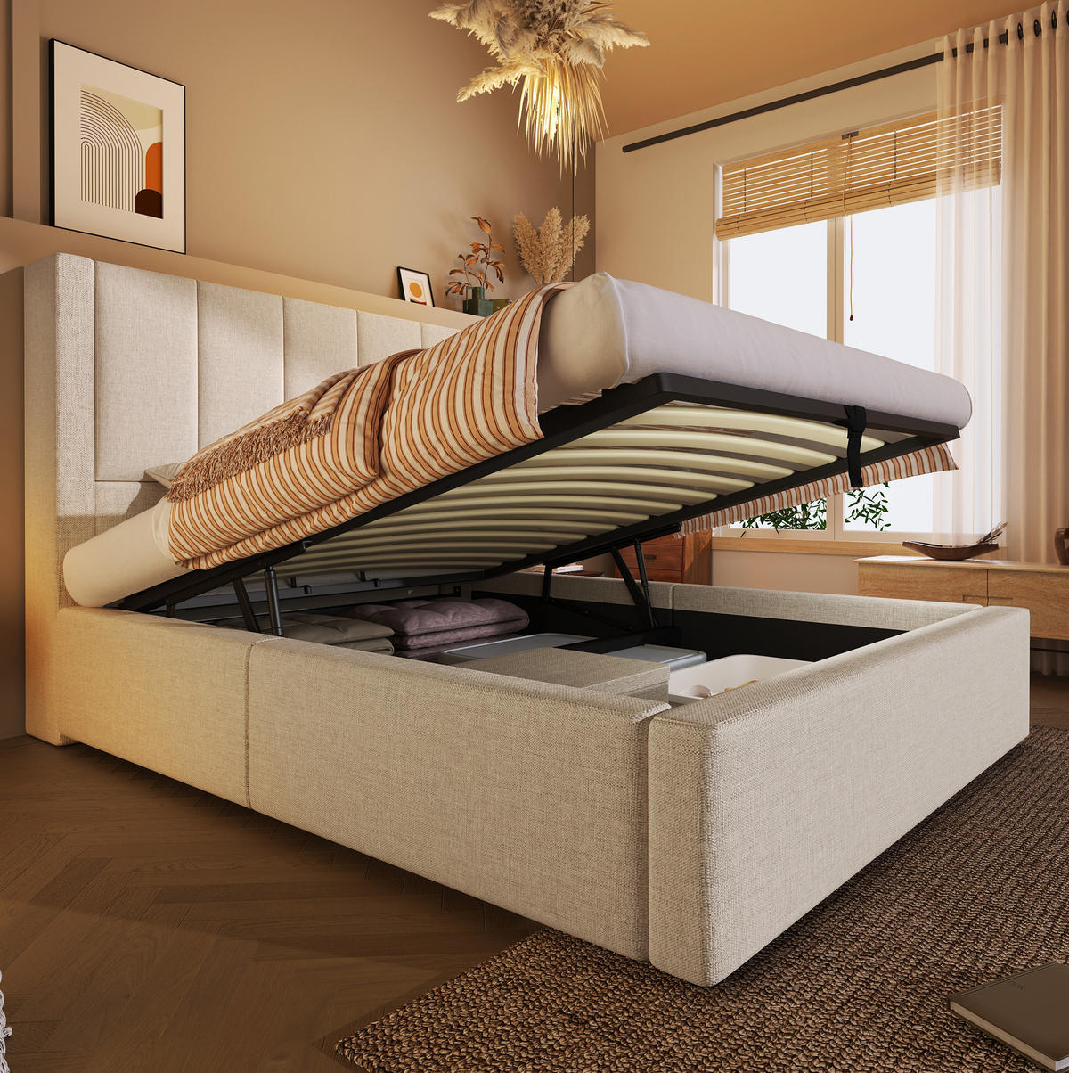 POLSTERBETT 90/200 cm Beige aus Leinen mit Stauraum und USB- & Type-C-Anschlüssen - Beige, Textil (90/200cm) - Flora Grace