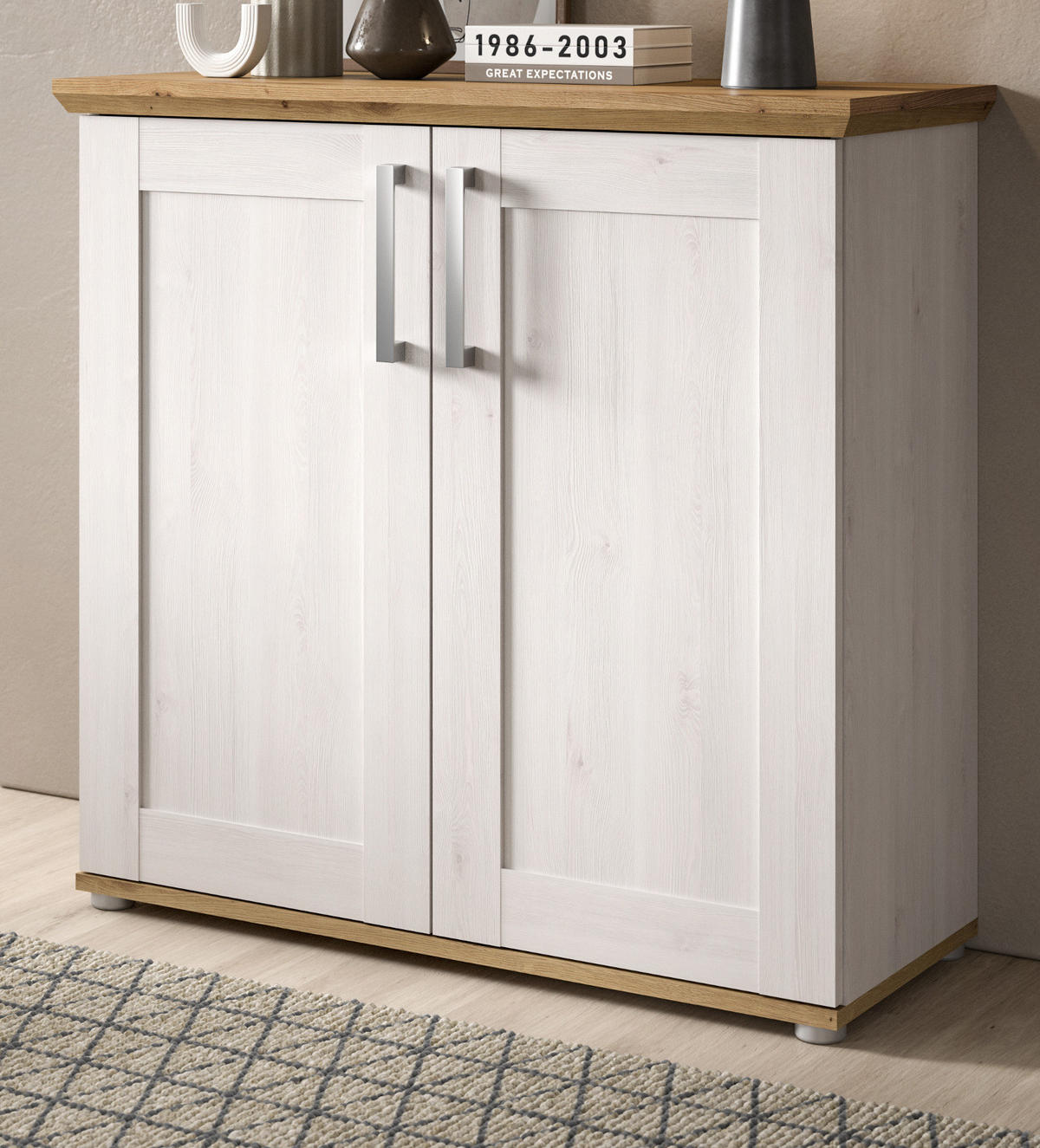 KOMMODE weiß Lärche, Eiche Artisan 95 cm, Sideboard im Landhaus-Stil - Silberfarben/Weiß, Holzwerkstoff/Kunststoff (95/92/39cm) - Inn.Furn