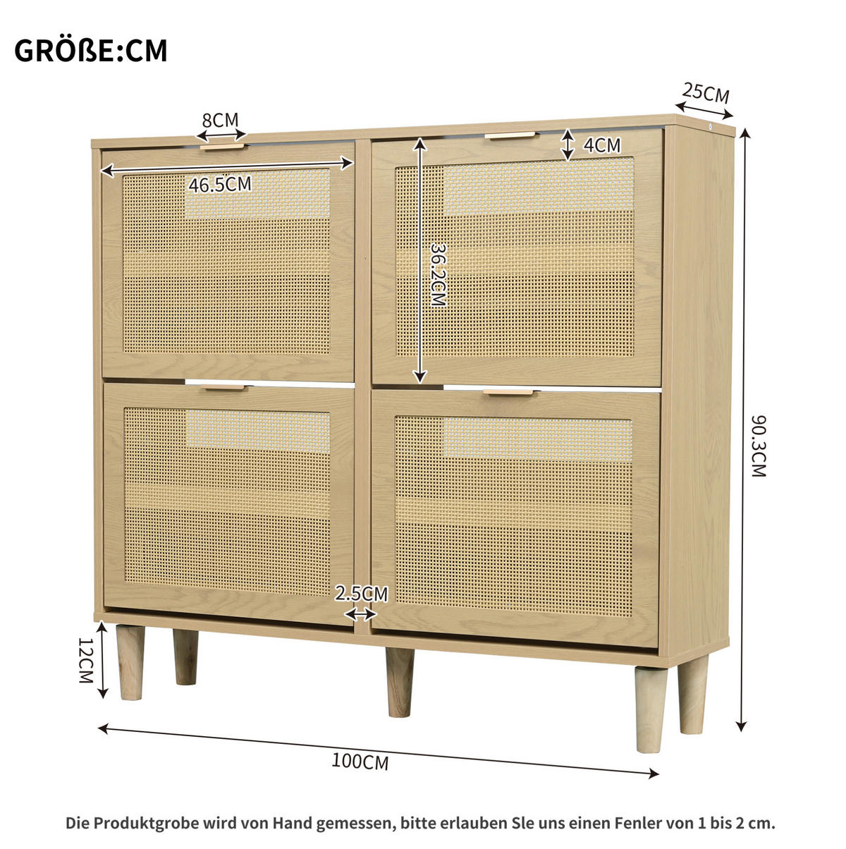 SCHUHSCHRANK 100/25/90 cm in Eichefarben mit Rattanfronten und 4 Klappen - Naturfarben, Holzwerkstoff (100/90/25cm) - Flora Grace