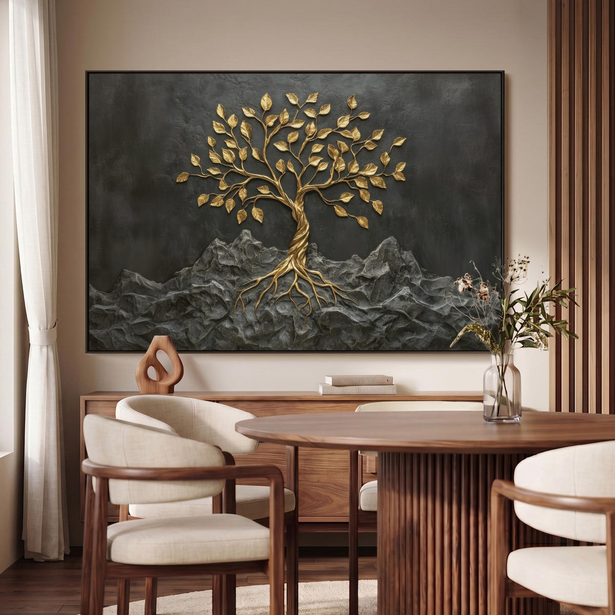 LEINWAND Bilder mit Rahmen - Blätter - Gold - Baum - Fels - 120x80 - Schwarz, Textil (120/80cm) - MuchoWow
