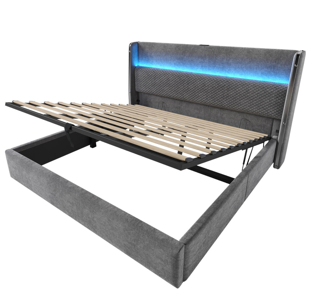 POLSTERBETT 180/200 cm mit LED, USB- und Typ-C-Anschluss, hydraulischem Bettkasten und Matratze, Leinenoptik Grau - Grau, Textil (180/200cm) - Redom