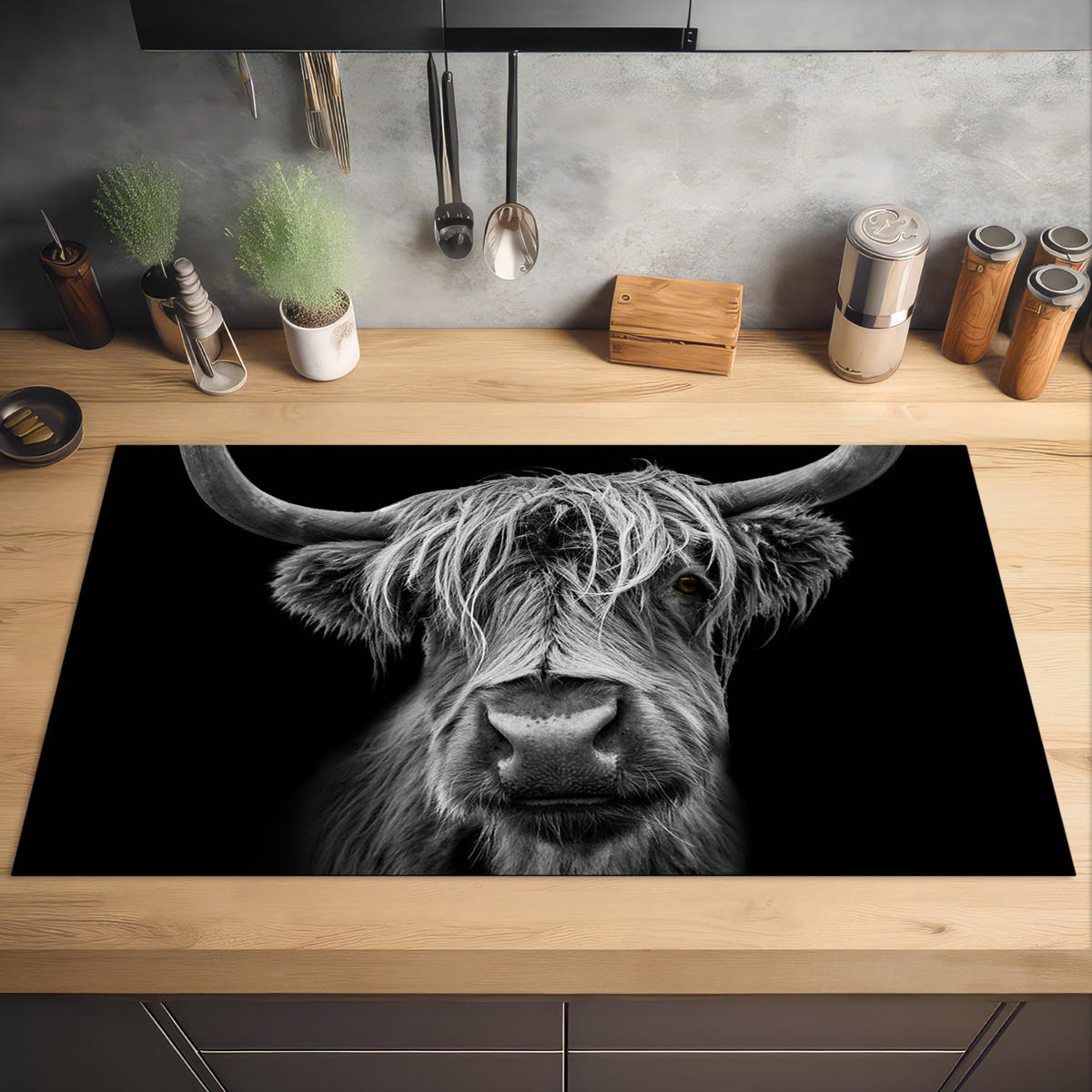 HERDABDECKPLATTE Schottischer Highlander - Hörner - Schwarz - Weiß - Kuh - Wild - Tiere Induktionsschutz 91.6x52.7 cm - Schwarz, Kunststoff (91.6/52.7/0.2cm) - MuchoWow