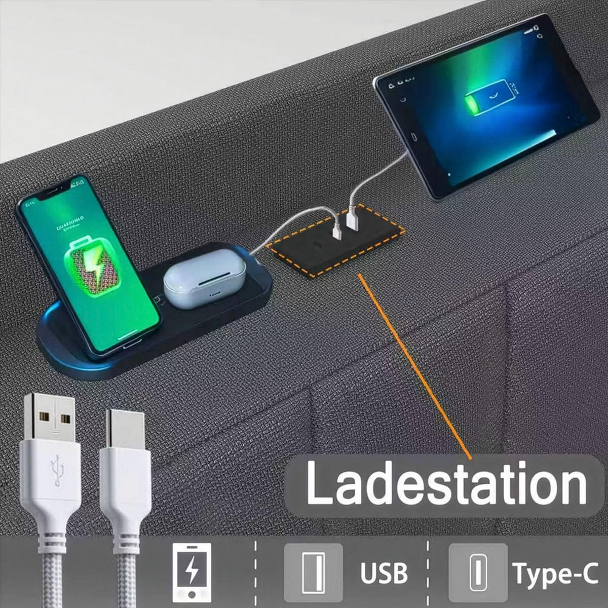 LED BETT MELURA - Dunkelgrau, Mit Matratze - Dunkelgrau, Kunststoff - Home Deluxe