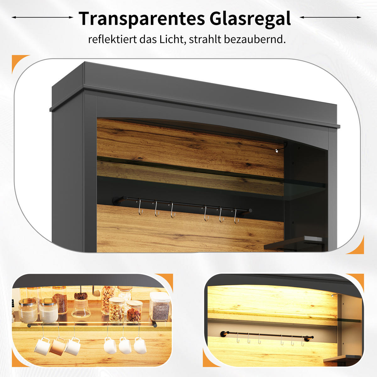 KÜCHENSCHRANK 107x43x184 cm, LED-Beleuchtung, 2 Türen, offene Regalfächer, Schwarz - Schwarz, Holzwerkstoff (107/184/43cm) - FOHERE