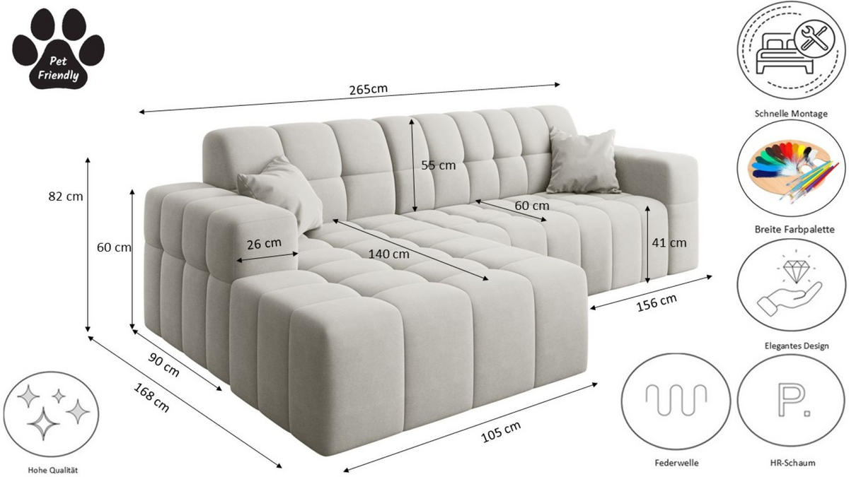 ECKSOFA L-förmiges Nimes Velours Stoff Weiß Rechts - Weiß, Holz/Kunststoff (265/168cm) - Kaiser Möbel