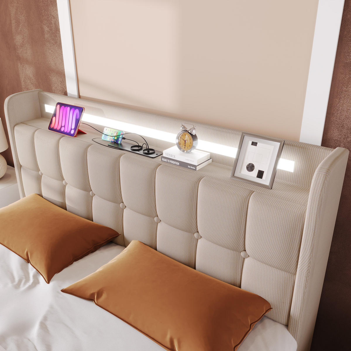 POLSTERBETT 160/200 cm in Beige mit 4 Schubladen, LED und USB Stoff - Beige, Holzwerkstoff/Textil (160/200cm) - STILVORA