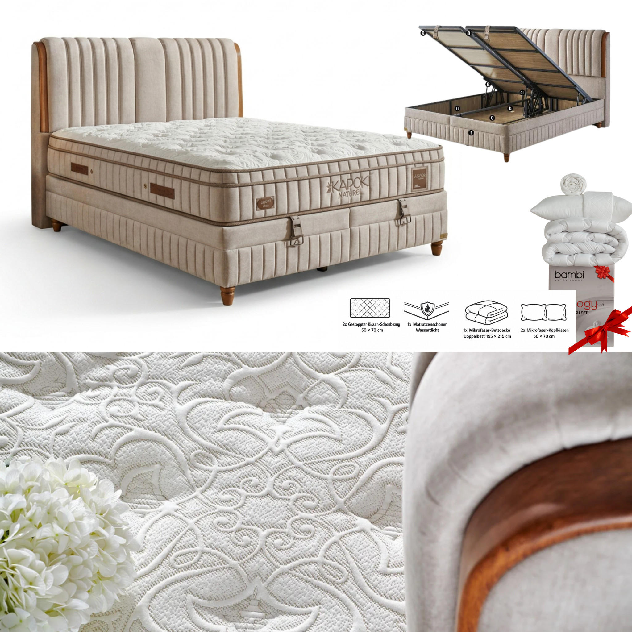 BOXSPRINGBETT Bambi Bett mit Matratze Boxspringbett 90x200 Kapok Naturel - Braun, Holz/Metall (90/200cm) - Bambi